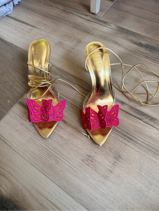 INC International Concepts Shoes - INC International Concepts Gold Lace-Up Heels with Hot Pink Butterfly Appliqués